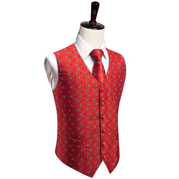 YourTies Red Christmas Elk Tree V-Neck Waistcoat Men's Silk Vest Necktie Set