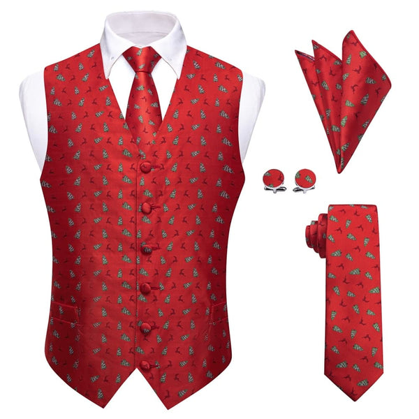 YourTies Red Christmas Elk Tree V-Neck Waistcoat Men's Silk Vest Necktie Set