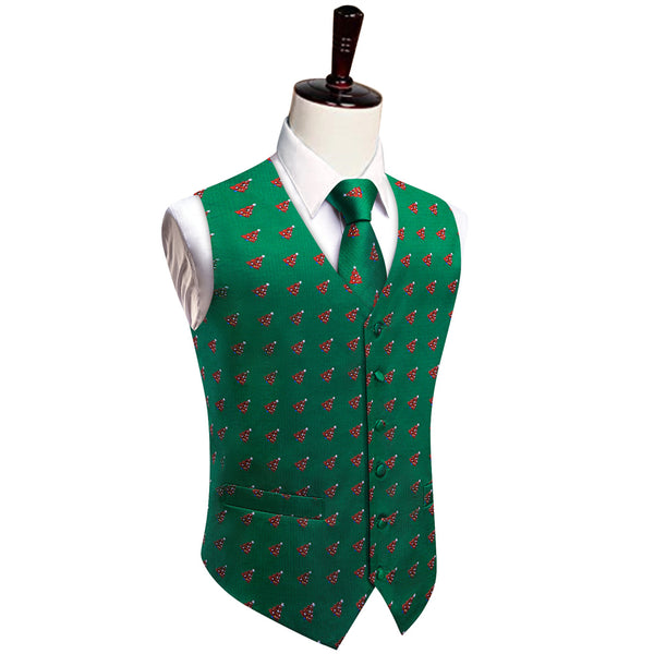 YourTies Green Red Christmas Tree V-Neck Waistcoat Men's Silk Vest Necktie Set