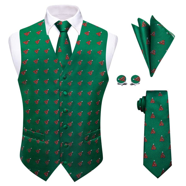 YourTies Green Red Christmas Tree V-Neck Waistcoat Men's Silk Vest Necktie Set