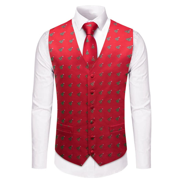 YourTies Red Green Christmas Tree V-Neck Waistcoat Men's Silk Vest Necktie Set