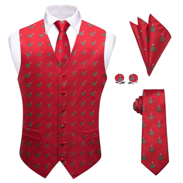 YourTies Red Green Christmas Tree V-Neck Waistcoat Men's Silk Vest Necktie Set