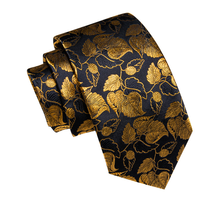 YourTies Black Gold Floral Men's Necktie Pocket Square Cufflinks Set