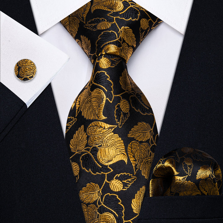 YourTies Black Gold Floral Men's Necktie Pocket Square Cufflinks Set