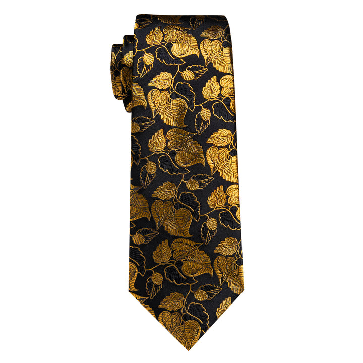 YourTies Black Gold Floral Men's Necktie Pocket Square Cufflinks Set