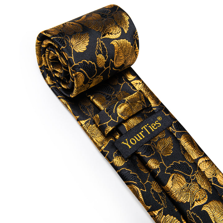 YourTies Black Gold Floral Men's Necktie Pocket Square Cufflinks Set