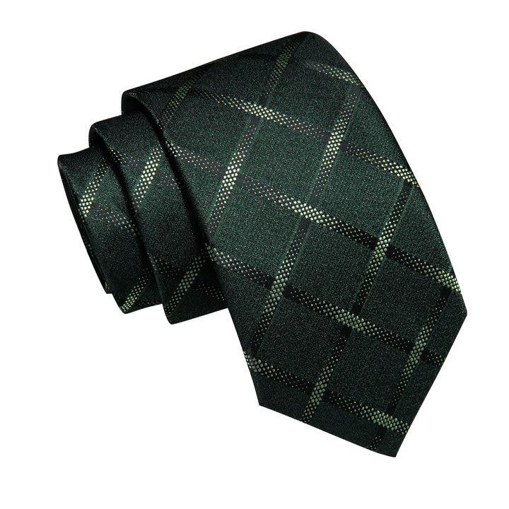 Dark Green Tie Plaid Men's Necktie Pocket Square Cufflinks Set