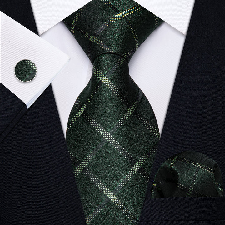 Dark Green Tie Plaid Men's Necktie Pocket Square Cufflinks Set