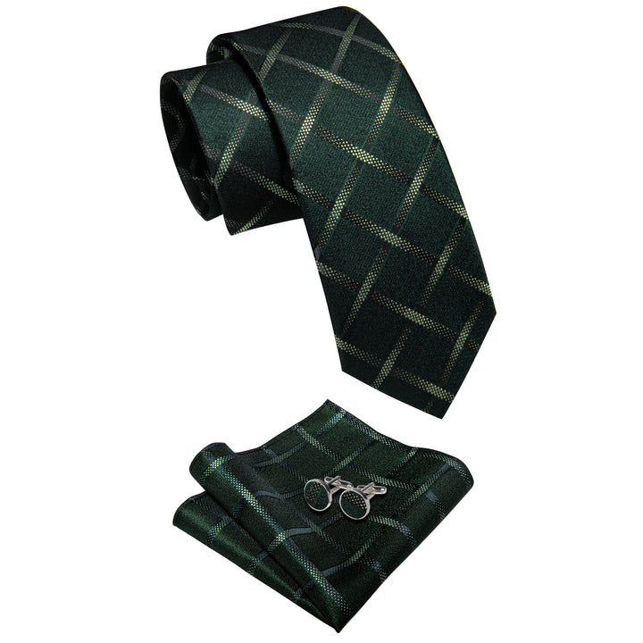 Dark Green Tie Plaid Men's Necktie Pocket Square Cufflinks Set