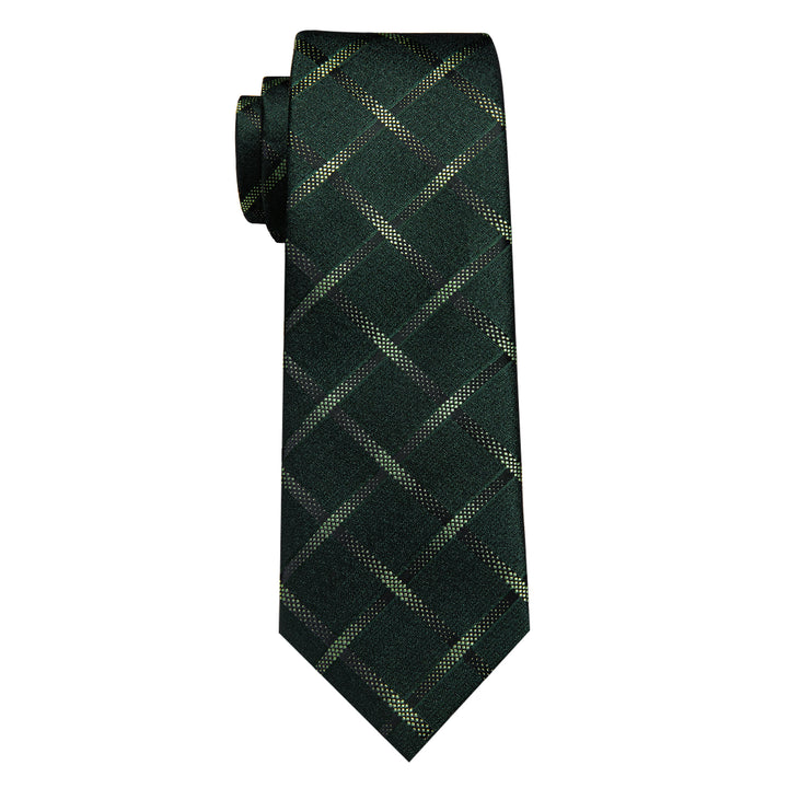 Dark Green Tie Plaid Men's Necktie Pocket Square Cufflinks Set