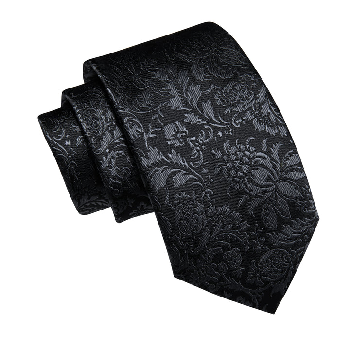 Black Tie Floral Men's Necktie Pocket Square Cufflinks Set