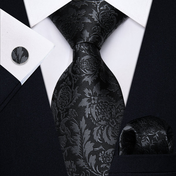 Black Tie Floral Men's Necktie Pocket Square Cufflinks Set