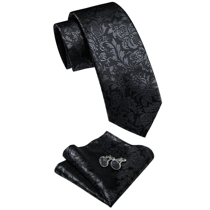 Black Tie Floral Men's Necktie Pocket Square Cufflinks Set