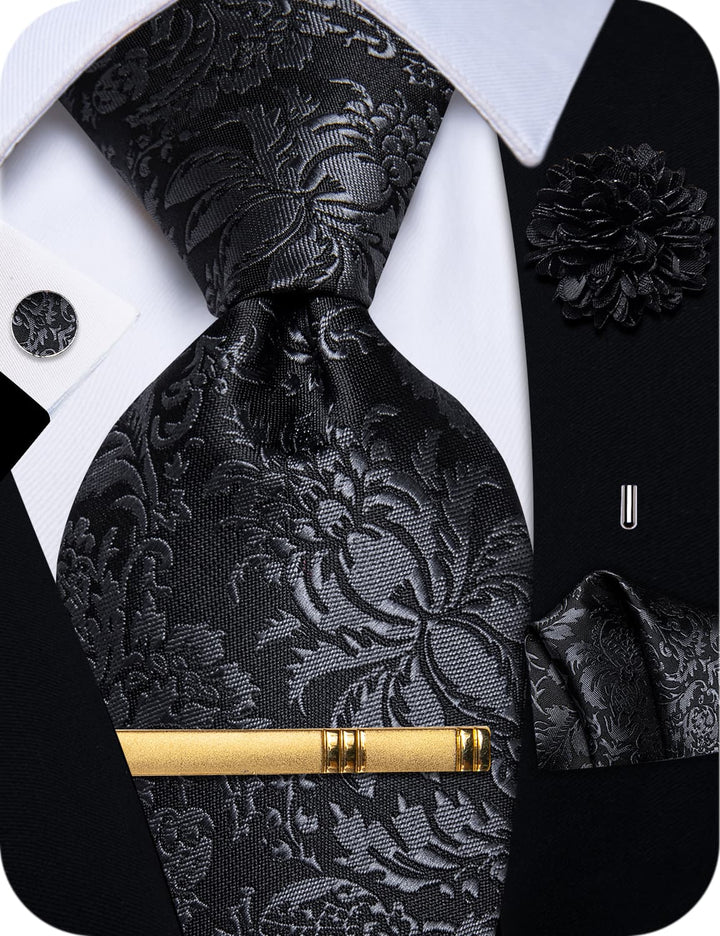  Black Tie Dark Grey Jacquard Floral Necktie Set for Men's Suit