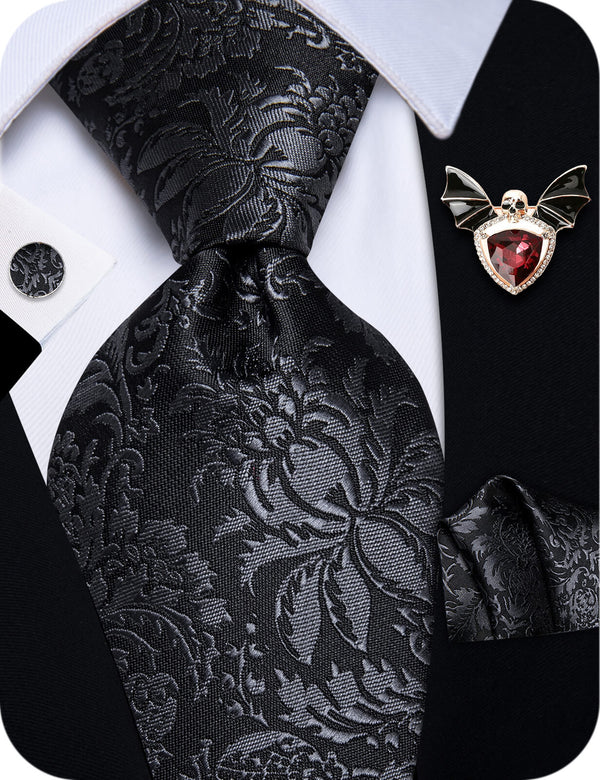 YourTies Halloween Black Tie Dark Grey Jacquard Floral Necktie Set for Men's Suit