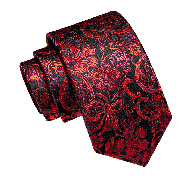 YourTies Red Black Floral Men's Necktie Pocket Square Cufflinks Set