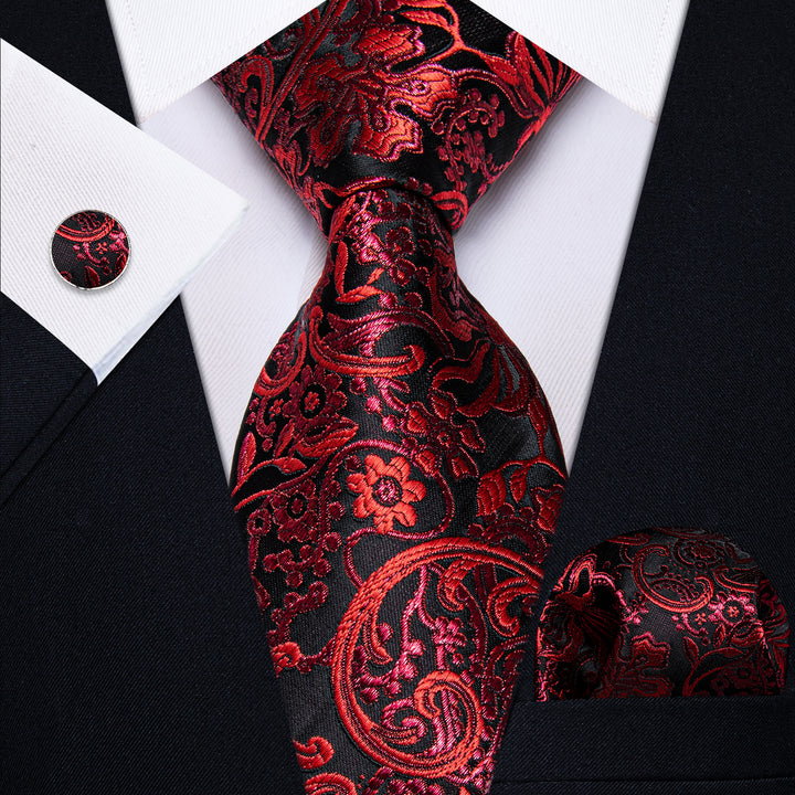 YourTies Red Black Floral Men's Necktie Pocket Square Cufflinks Set