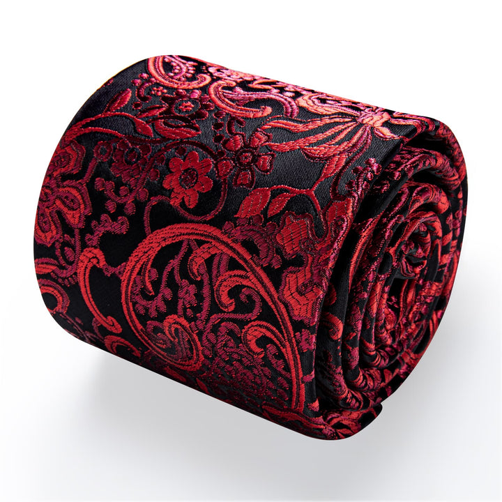 Red Tie Black FireBrick Jacquard Floral Necktie Set for Men