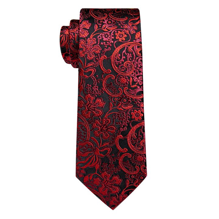 YourTies Red Black Floral Men's Necktie Pocket Square Cufflinks Set