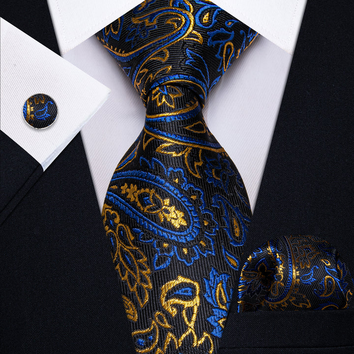 YourTies Blue Golden Black Paisley Men's Tie Hanky Cufflinks Set