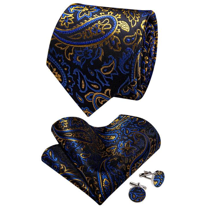  Mens Tie Black Blue Gold Jacquard Floral Necktie Set for Men