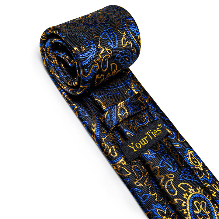 YourTies Blue Golden Black Paisley Men's Tie Hanky Cufflinks Set