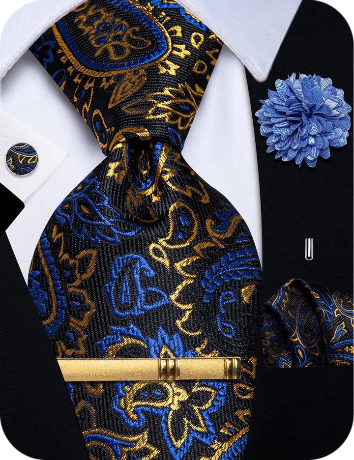  Mens Tie Black Blue Gold Jacquard Floral Necktie Set for Men