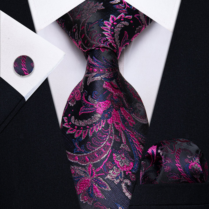 Purple Black Blue Floral Men's Necktie Pocket Square Cufflinks Set