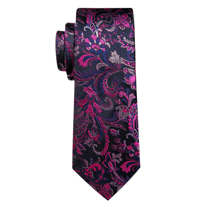 Purple Black Blue Floral Men's Necktie Pocket Square Cufflinks Set