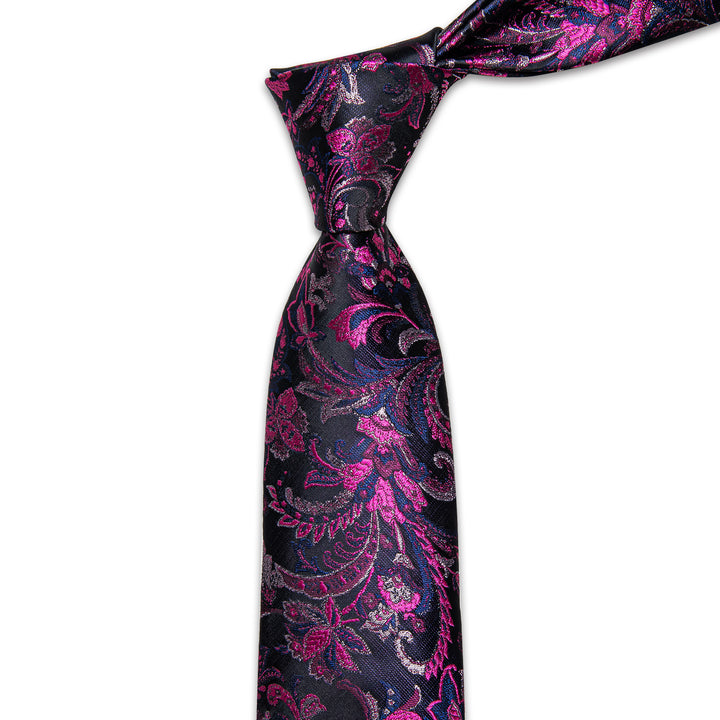 Purple Black Blue Floral Men's Necktie Pocket Square Cufflinks Set