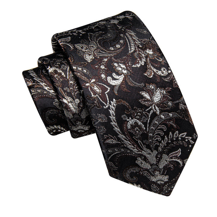  Black Brown Floral Men's Necktie Pocket Square Cufflinks Set