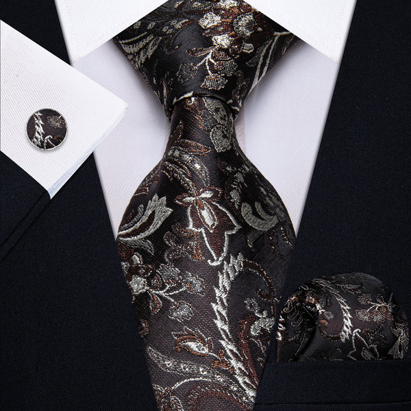  Black Brown Floral Men's Necktie Pocket Square Cufflinks Set