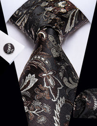 YourTies Black Brown Floral Men's Necktie Pocket Square Cufflinks Set