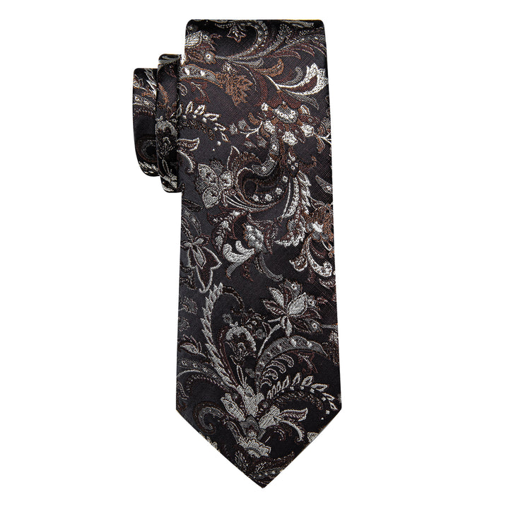  Black Brown Floral Men's Necktie Pocket Square Cufflinks Set