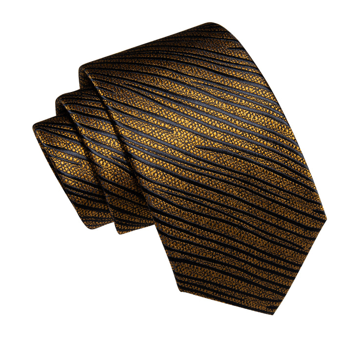 Gold Black Striped Men's Necktie Pocket Square Cufflinks Set