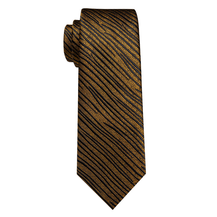 Gold Black Striped Men's Necktie Pocket Square Cufflinks Set