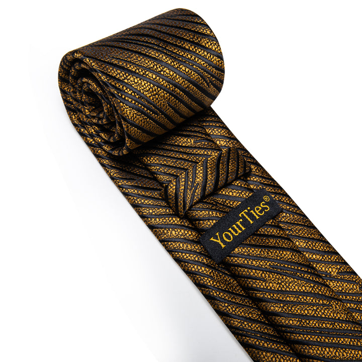 Gold Black Striped Men's Necktie Pocket Square Cufflinks Set