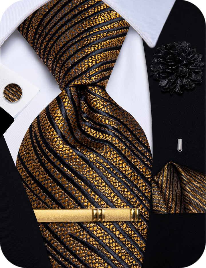 Golden Tie for Men Black Stripes Business Striped Necktie Set