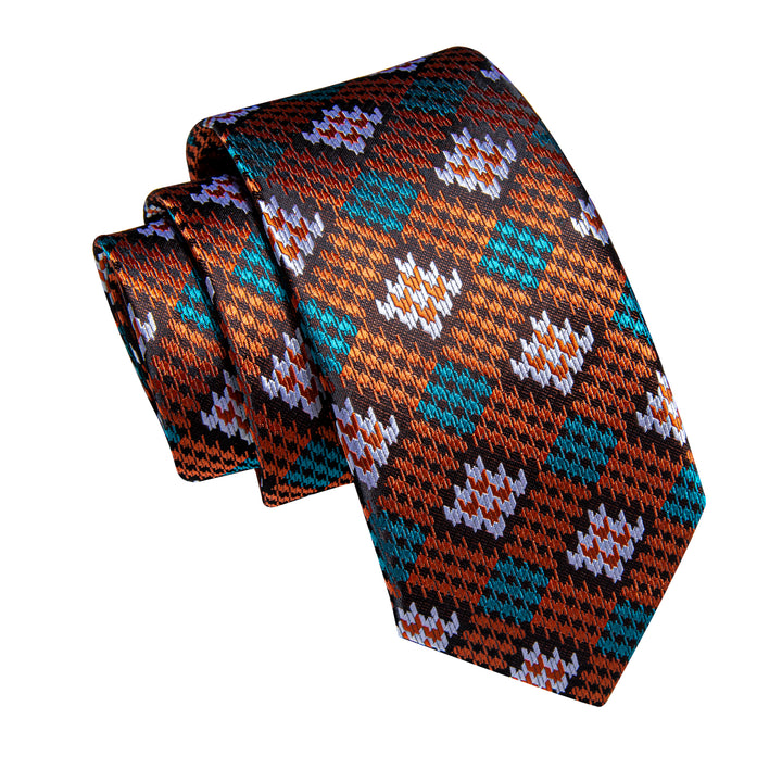  Brown Orange Plaid Men's Necktie Pocket Square Cufflinks Set