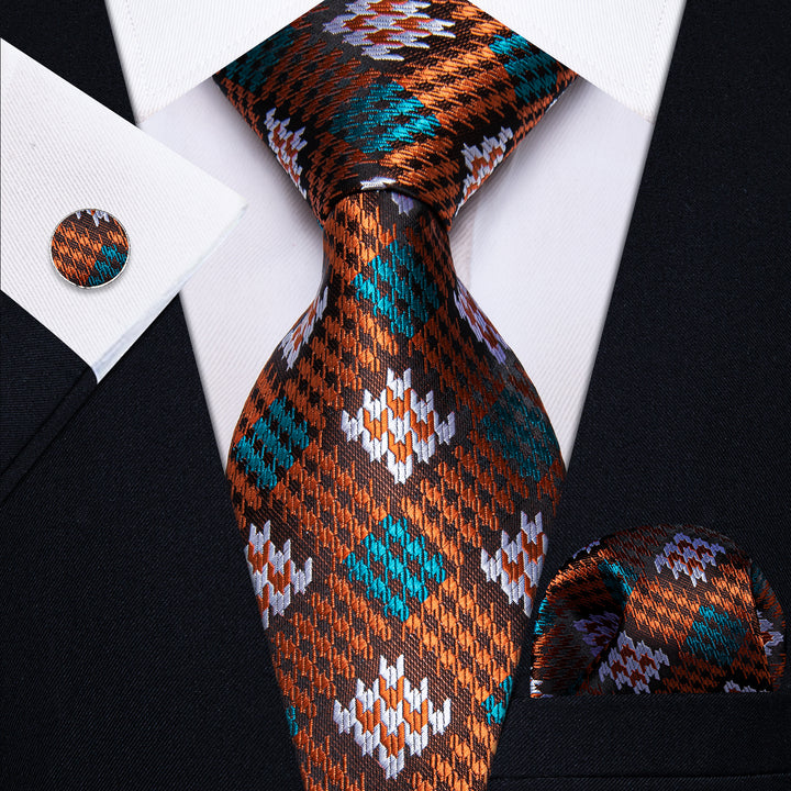  Brown Orange Plaid Men's Necktie Pocket Square Cufflinks Set