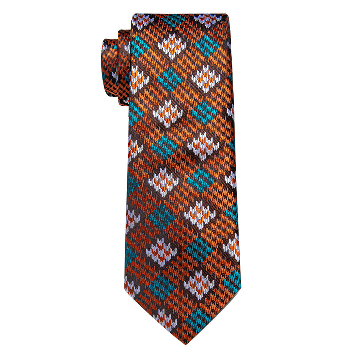  Brown Orange Plaid Men's Necktie Pocket Square Cufflinks Set