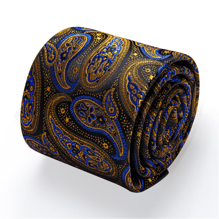 Mens Tie Teal Black Gold Paisley Jacquard Necktie Set