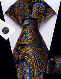 YourTies Golden Blue Black Paisley Men's Necktie Pocket Square Cufflinks Set