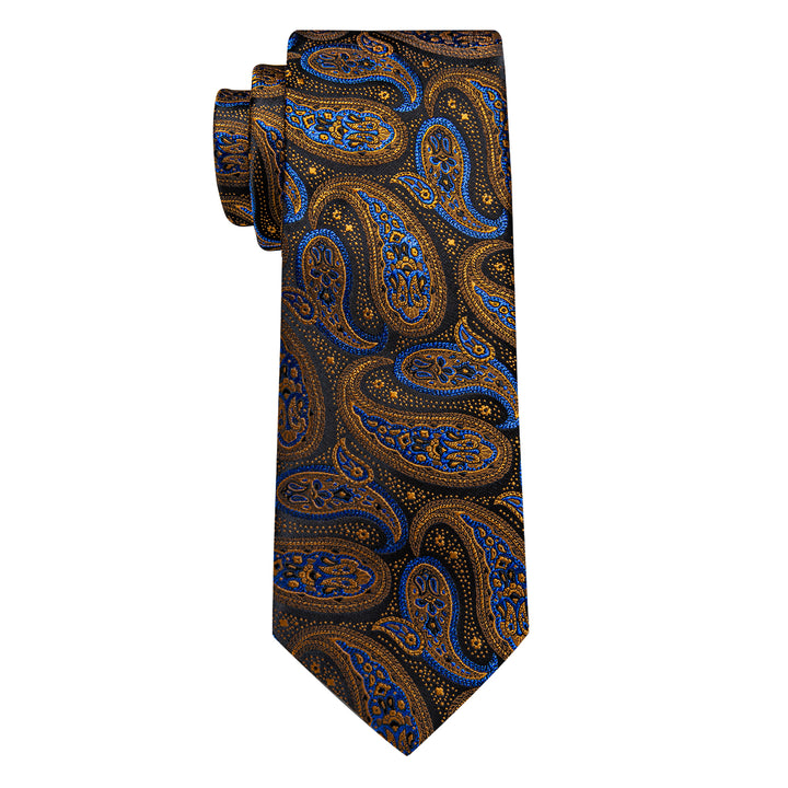 YourTies Golden Blue Black Paisley Men's Necktie Pocket Square Cufflinks Set