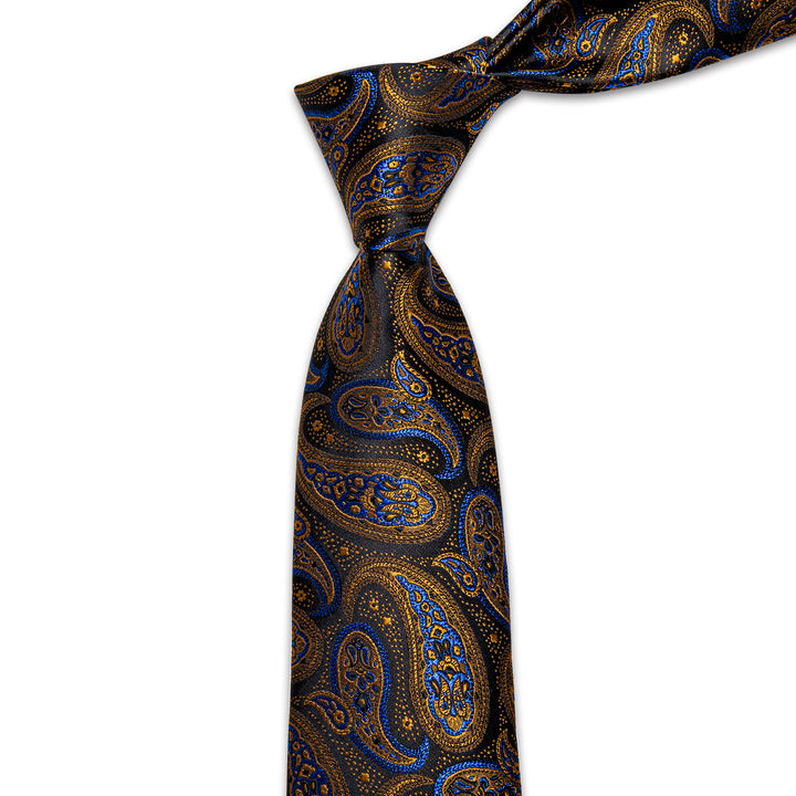 YourTies Golden Blue Black Paisley Men's Necktie Pocket Square Cufflinks Set