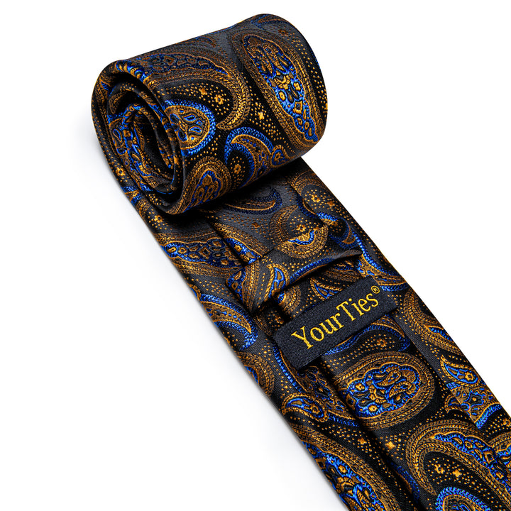 YourTies Golden Blue Black Paisley Men's Necktie Pocket Square Cufflinks Set