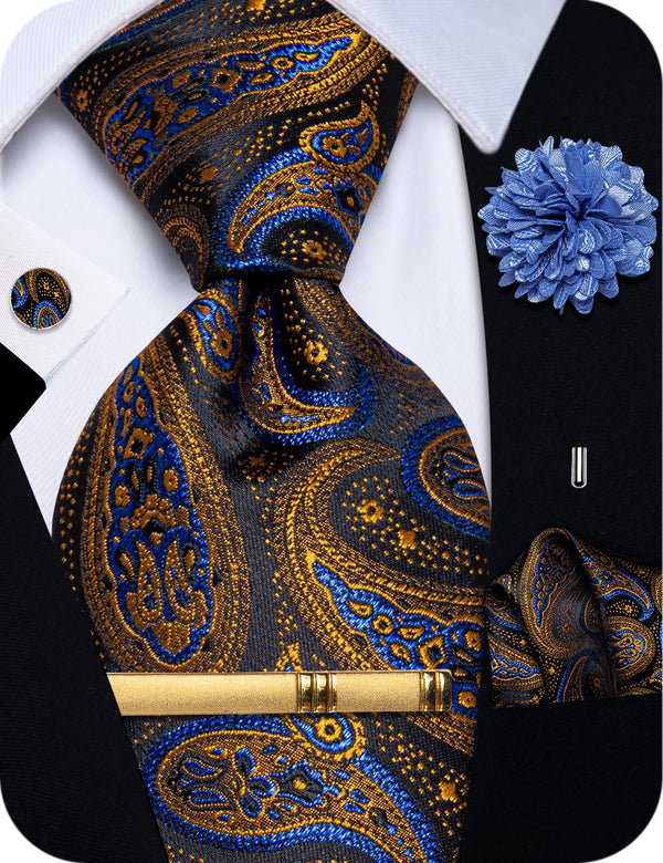Mens Tie Teal Black Gold Paisley Jacquard Necktie Set