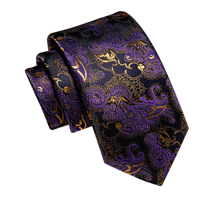 Purple Gold Black Novelty Men's Necktie Hanky Cufflinks Set