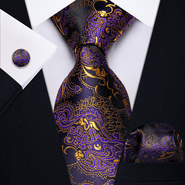 Purple Gold Black Novelty Men's Necktie Hanky Cufflinks Set