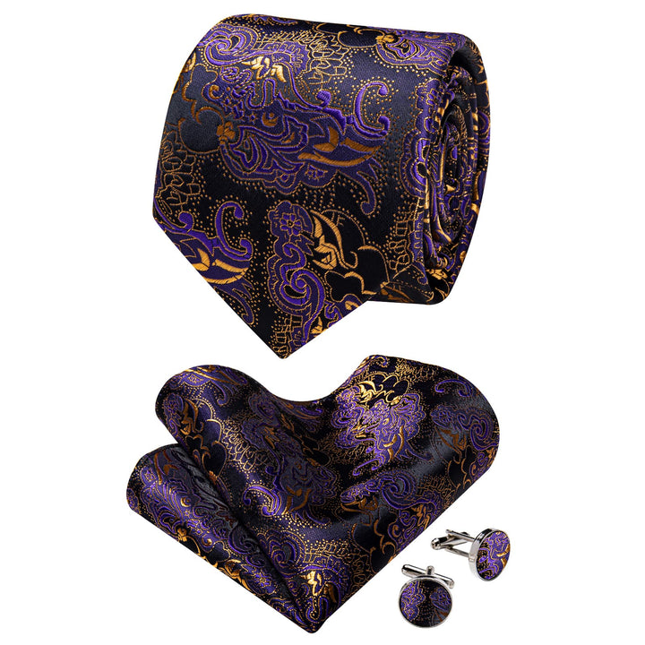  Purple Tie Black Gold Paisley Jacquard Necktie for Suit Casual